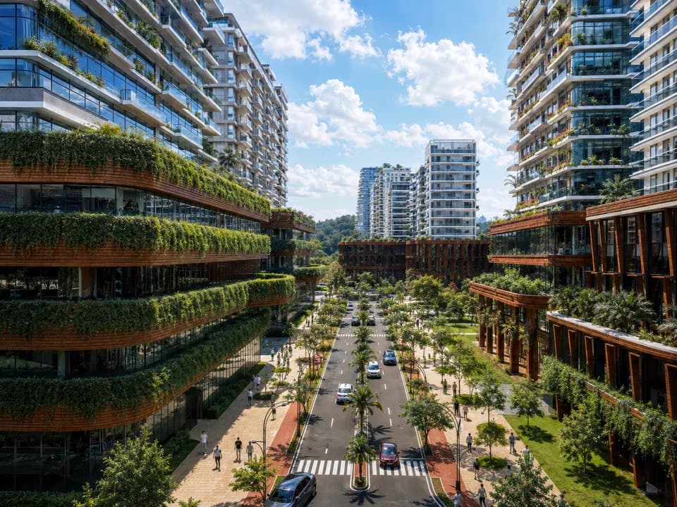 Wide frame from a district launch film showing mid-rise blocks, a canal edge and pedestrian promenade.